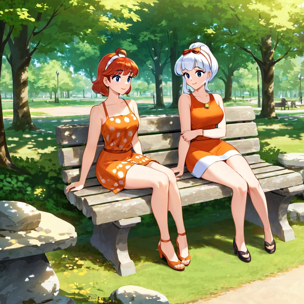 Fred and Wilma Flintstone sitting on a stone bench in the park