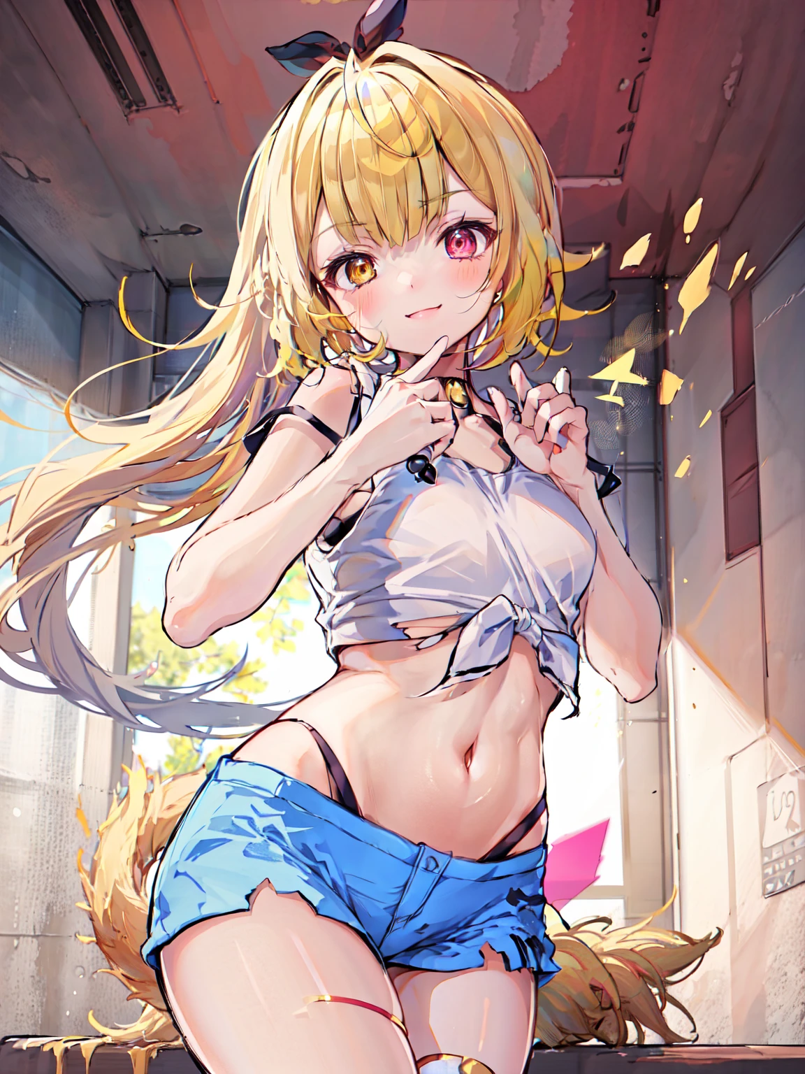  Consistent image, Detailed Images, 1 beautiful girl. She has golden hair, Long Hair. Side Tail、Red and yellow eyes, Long eyelashes. Her face is oval and delicate.. smile. She is wearing a small sleeveless shirt, Torn shorts. She has a curvaceous figure, Medium chest, Narrow waist, Thick thighs. Sexy pose. A view of her whole body. White Background. Uniform background. Natural light in front, Volumetric lighting,