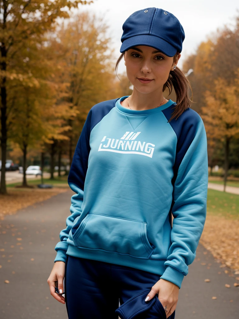 young 28 year old brunette woman who has just finished jogging, she is wearing a sweatshirt and a cap