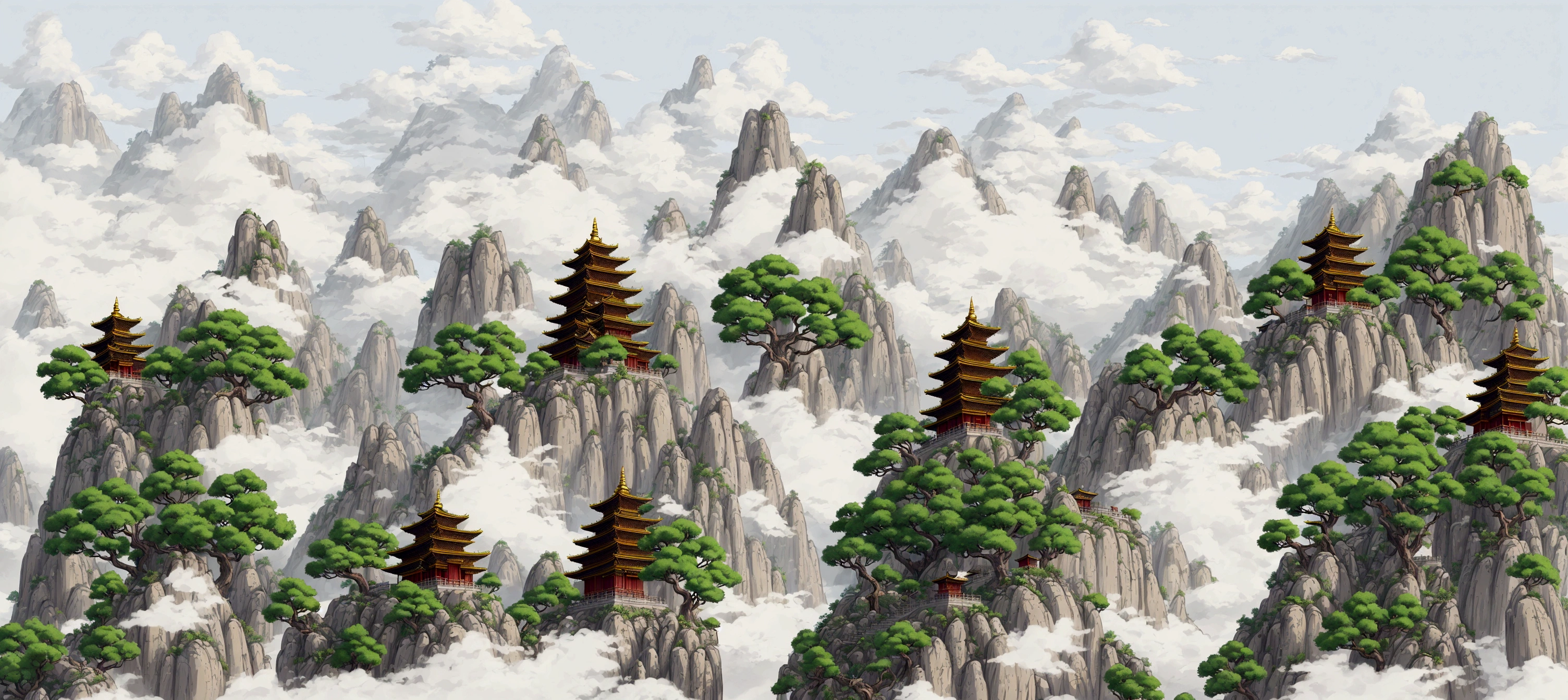 there are many trees growing on the mountain tops, temple background, pagodas on hills, zen temple background, background depicting a temple, dojo on a mountain, detailed scenery —width 672, mountainous background, ancient city landscape, background fortress, mobile game background, anime landscape, 2 d game art background, chinese landscape, digital painting of a pagoda