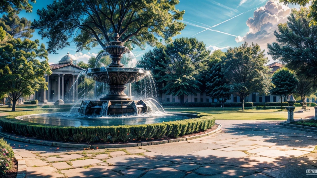 summer heat, anime aestetics, noon, park full of trees, big fountain in the center, greek style fountain, little rainbows, water drops in the air, calm summer days, green and blue colors, perfect shadows, beauty of nature, stone roads, wide shot, atmospheric perspective, perspective, 4K, 8k, best quality, award winning, anatomically correct, super detail, masterpiece