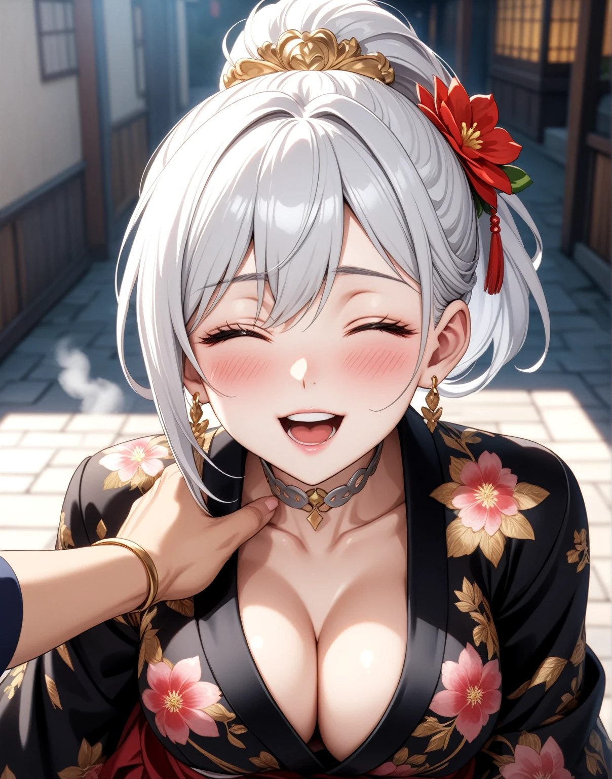 ((One personの女性)), Beautiful Face, Laughing embarrassedly, (laugh:1.2),((incoming kiss,closed eyes:1.9)), (head tilt:1.3), Laugh with your mouth wide open,((breath:2.2)), upper teeth, ((steam:1.9)), looking down at viewer, ((breast grab:2.0)), ((full-face blush:1.6)),Glossy Red Lips,rooftop, firework, Glossy red lips, Shining Face, ((Anime style background)),masterpiece, Highest quality, so beautiful,up to date, Complex details, (Pink long nails),(ring),(bracelet),(Floral choker),AI-generated, Complex,High resolution, Highest quality, super high quality,3D Images、3D Images, One person, Long white hair, High Ponytail, Anime woman posing for a photo, (blue eyes), ((Fine grain、Silvery white, lightly pigmented eyes、Shining Eyes:1.4)), (Squint your eyes:1.1),a hyperRealistic , hyperRealistic , Realistic,Anime woman with long white hair, Smooth anime CG art, A woman in a colorful kimono with gold embroidery, ((Black long sleeve kimono:1.4)),Red floral pattern,Long flower hair ornament,Earrings,Mature Body,(Big Breasts:1.1),Exposed nipples,Tall,Abdominal muscles,Tight waist,(Zoom up to face), (front view),