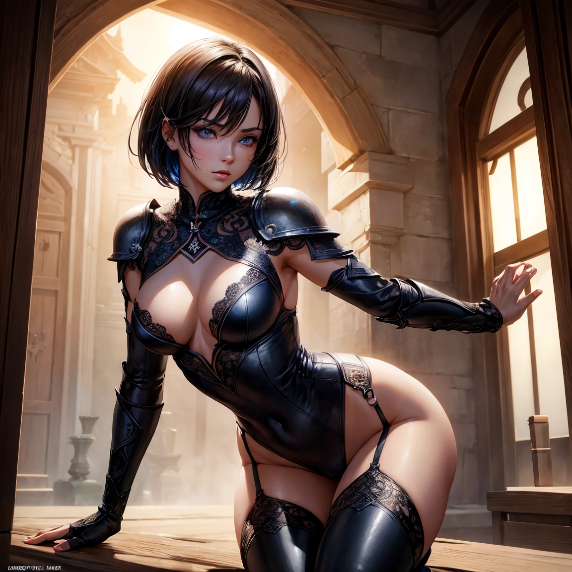 a woman, 1girl, short bob black hair, small breasts, blue sky eyes!!!, fait skin, blank face, sexy tight black ninja outfit, bare arm, bare leg, night, medieval japanese town, very sexy body, detailed face, beautiful detailed eyes, beautiful detailed lips, extremely detailed eyes and face, long eyelashes, detailed clothing, intricate details, highly detailed, photo realistic, 8k, best quality, masterpiece, cinematic lighting, dramatic lighting, vibrant colors, fantasy, digital art, concept art