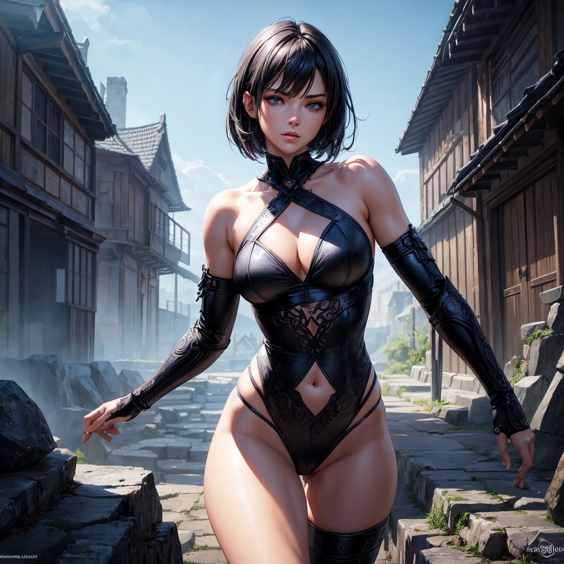 a woman, 1girl, short bob black hair, small breasts, blue sky eyes!!!, fait skin, blank face, sexy tight black ninja outfit, bare arm, bare leg, night, medieval japanese town, very sexy body, detailed face, beautiful detailed eyes, beautiful detailed lips, extremely detailed eyes and face, long eyelashes, detailed clothing, intricate details, highly detailed, photo realistic, 8k, best quality, masterpiece, cinematic lighting, dramatic lighting, vibrant colors, fantasy, digital art, concept art