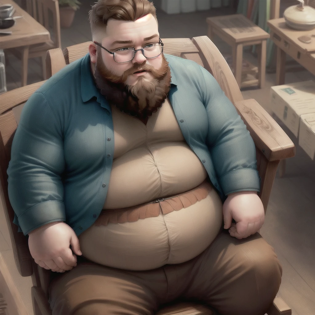slightly overweight man with beard and glasses sitting in a chair
