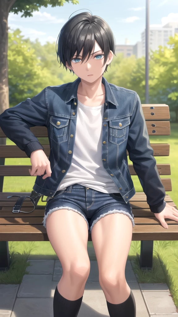 masterpiece, best quality, high quality, 1boy, solo, **-****-*** boy,evil boy,male focus, looking at viewer , black hair, old-school swoop haircut,blue jean jacket,black shorts, emerald eyes, sitting on a bench 