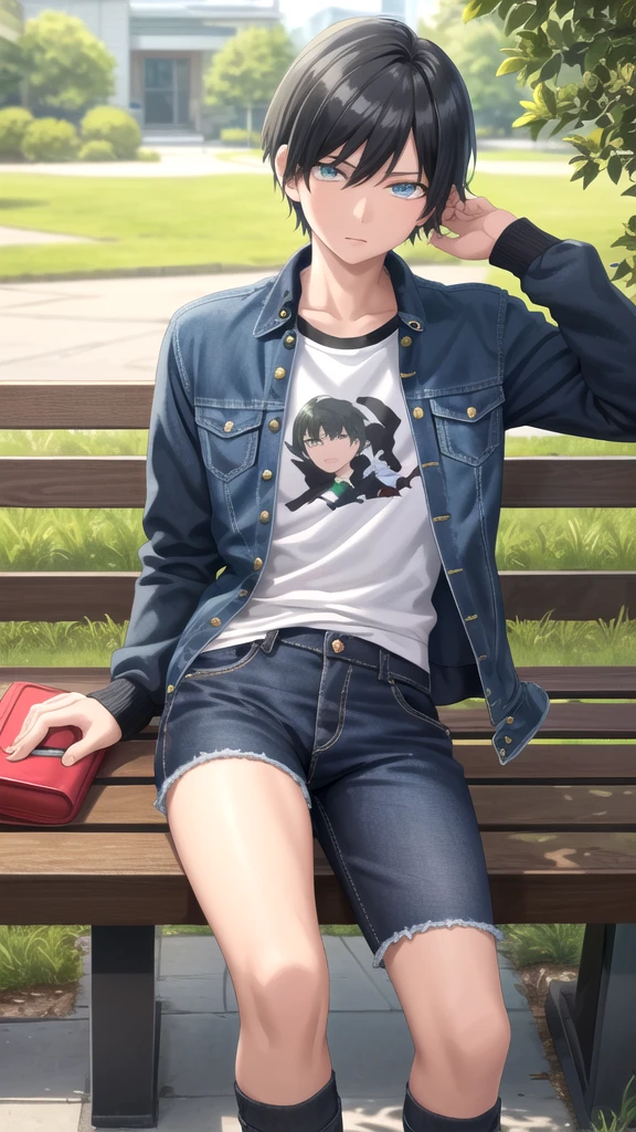 masterpiece, best quality, high quality, 1boy, solo, 14-year-old boy,evil boy,male focus, looking at viewer , black hair, old-school swoop haircut,blue jean jacket,black shorts, emerald eyes, sitting on a bench 