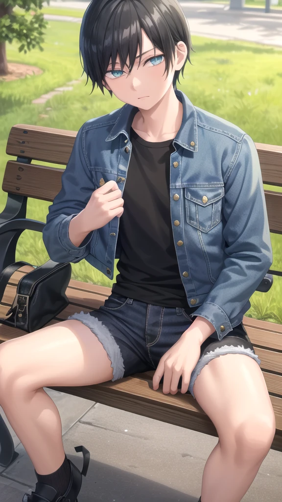 masterpiece, best quality, high quality, 1boy, solo,  boy,evil boy,male focus, looking at viewer , black hair, old-school swoop haircut,blue jean jacket,black shorts, emerald eyes, sitting on a bench 