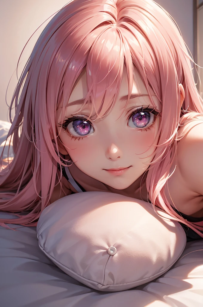 (Best Quality,High resolution,8K,finelity detailed background,Masterpiece:1.2),beautiful girl,Shiny pink hair,messy hair,Pink eyes,Gentle look,A refreshing look,Best quality,Best Quality,Aesthetic and aesthetic:1.2,Best details((Super detailed))(High-definition CG illustrations),cuteパジャマ,Slender body,night,Moonlight,Bedroom,On the bed,smile,blush,cute,Scrounge,Looking up,Being spoiled,super model,wariza,shoot from below