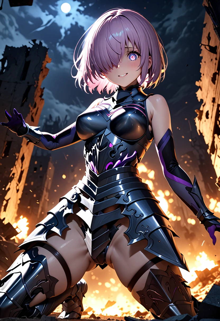 (masterpiece, top quality, best quality, beautiful and aesthetic:1.2), full body, SFW, extremely detailed, detailed face and eyes, detailed hands, cinematic light, depth of field, 1girl, seducing smile, solo, official, (full armored knight:1.4), dark armor, mash kyrielight, light purple hair, short hair, hair over one eye, slim body, cinematic lighting, dramatic lighting, dramatic atmosphere, hyper-realistic, high resolution, stunning contrast, high quality, best quality, 8k, 4k, intricately detailed, (amazing details:1.2), highly detailed skin, powerful presence, vibrant colors, (detailed eyes:1.2), striking eyes, (detailed background), (warzone on background, night, ruins), (dynamic angle:1.2), (dynamic pose:1.2)