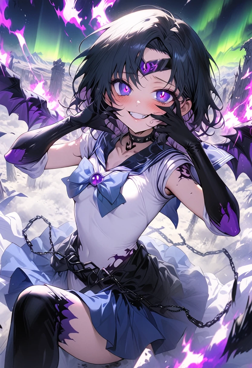 masterpiece, best quality, ultra-detailed, illustration, beautiful detailed eyes, ecstasy, happy, blush, looking at viewer, pillars of purple fire, Feeling magical energy, both hands on own face, dark persona, evil smile, Leading a ritual, aurora, wasteland, , beautiful art, high res, perfect face, detailed outfit, Dark Mercury, Mizuno Ami, blue hair, dark blue eyes, dark blue sailor collar, white leotard, black chain around the waist, black and blue bow on the chest and on the back, white elbow gloves, blue skirt, high-knee boots, black tiara,