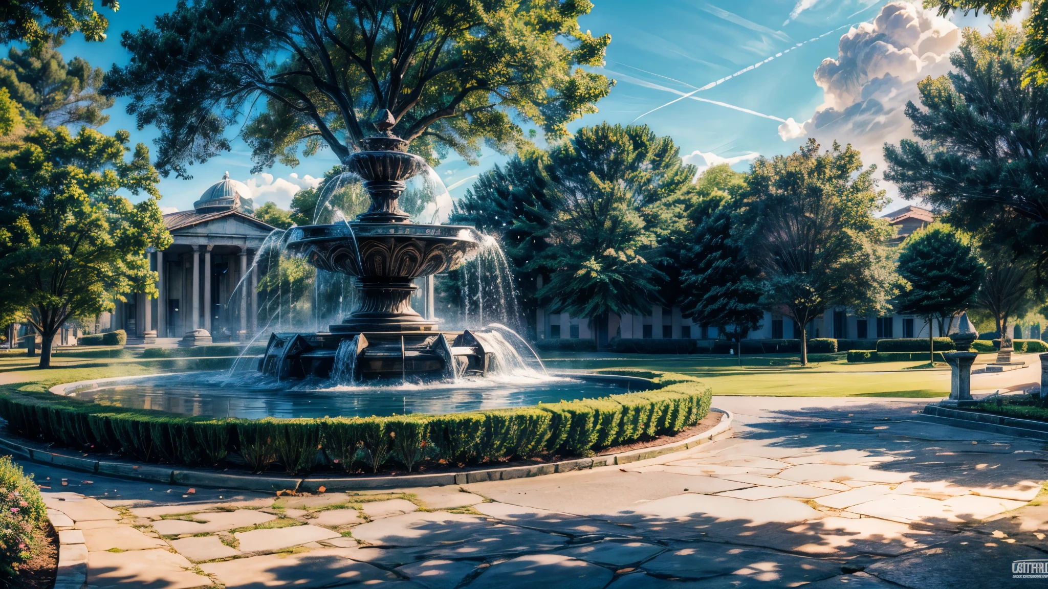  summer heat, anime aestetics, noon, park full of trees, big fountain in the center, greek style fountain, little rainbows, water drops in the air, calm summer days, green and blue colors, perfect shadows, beauty of nature, stone roads, wide shot, atmospheric perspective, perspective, 4K, 8k, best quality, award winning, anatomically correct, super detail, masterpiece