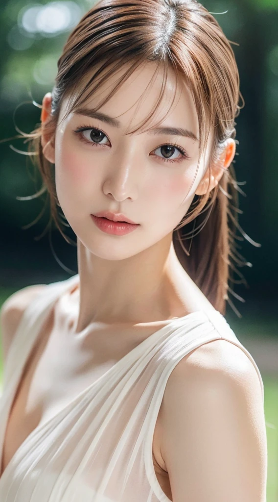 1womanl, Put your hair up to reveal a sexy nape or neck ,mideum breasts, light brown hair, Blunt bangs, hair behind ear, hair over shoulder, Long hair, slender body shape, Ultra Fine Face, Thin face, Delicate lips, Beautiful eyes, thin blush, eyes are light brown, perfect glossy skin, flawless skin, Glistening sweat,View here, Ultra-thin hands, Ultra-fine fingers, best ratio four finger and one thumb, (realisitic:1.3), See-through white blouse. An amusement park, One-person viewpoint, Fuji Film, F/1.2, 8K, masutepiece, nffsw, Super Detail, High quality, Best Quality, hight resolution