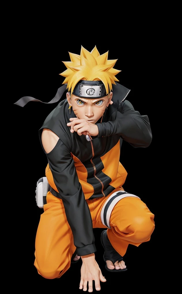 Create an illustration of Naruto Uzumaki in a dynamic pose, ready for action. He should be wearing his signature orange and black ninja outfit, complete with a headband featuring the Konoha symbol. The background should be colourful to make Naruto stand out prominently. Ensure his blond spiky hair, determined expression, and iconic accessories are accurately depicted to capture his character essence.