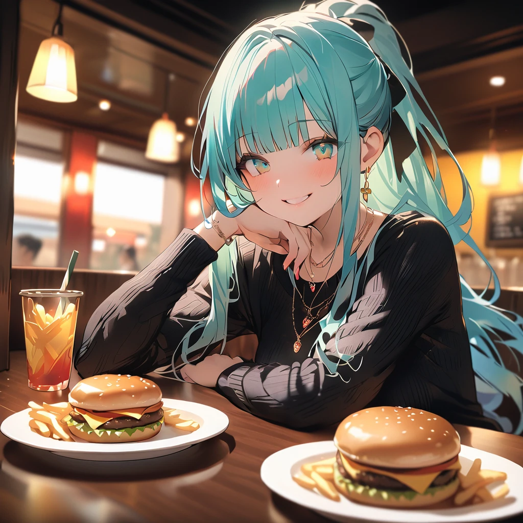 vibrant colors, female, masterpiece, sharp focus, best quality, depth of field, cinematic lighting, the anime girl with an expression of anguish is sitting in front of a burger and a bowl of fries, 1girl, solo, food, green eyes, long hair, ponytail, looking at viewer, aqua hair, bangs, cup, restaurant, smile, indoors, black sweater, plate, breasts, long sleeves, aqua hair, red hair, blue eye, smiling, necklace, outdoors, sitting, multicolored hair, long hair, blunt bangs,