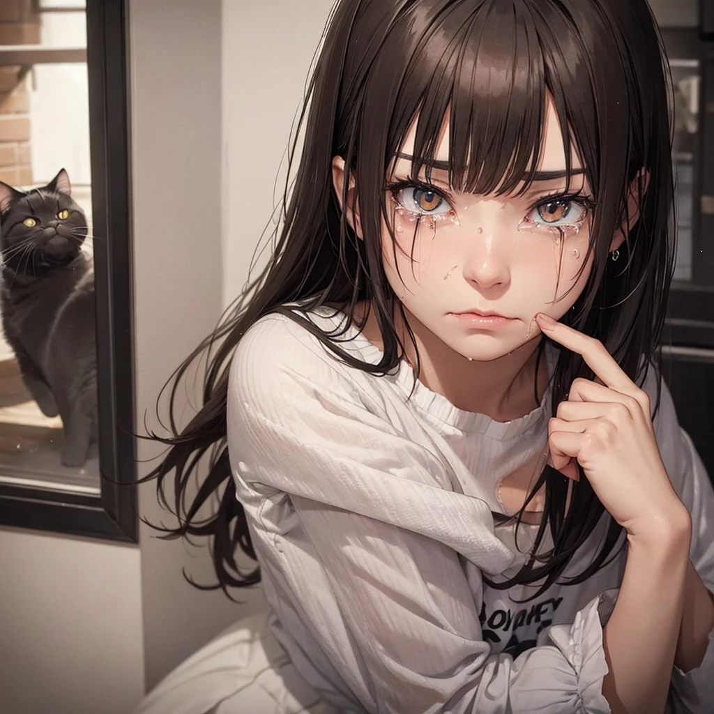 A sad crying cat, tears, semi-realistic