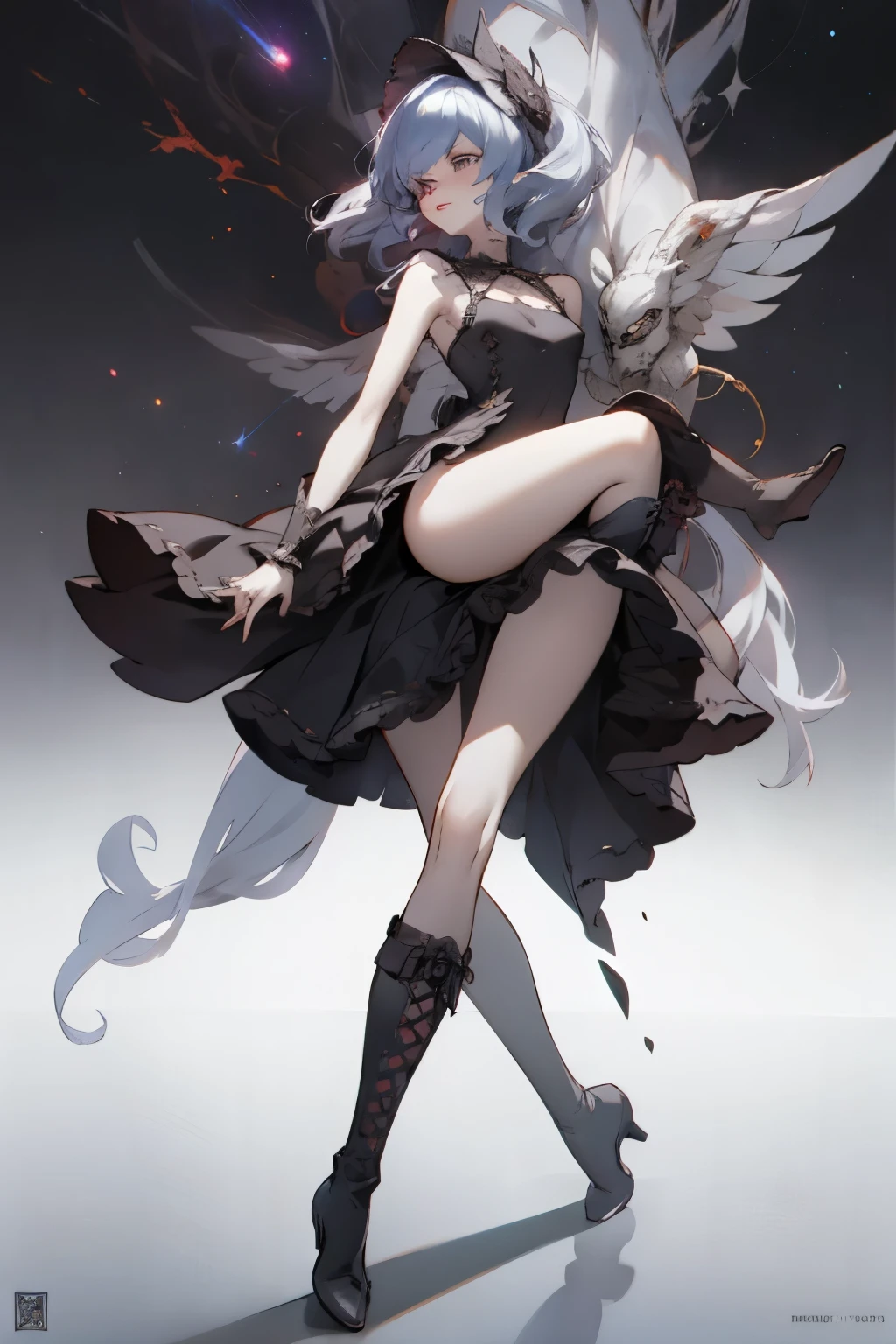 ((best quality)), ((masterpiece)), (detailed), very skinny, prominent collarbones, skinny arms, flat stomach, visible hip bones, red and white clothing, Bloodborne inspired, occult aesthetic, occult, detailed and intricate steampunk and detailed gothic, NSFW, Very dramatic and cinematic lighting, cosmic horror, grim-dark, side-lighting, perfect face, NSFW, Fluttering lace flared long knee length dress with frilly petticoats, knee length dress, pleated petticoats, lolita dress, petticoats gothic lolita, complex lace boots, side-lighting, gothic lolita aesthetic, wielding a mighty sword with mechanical components, carbine, NSFW, beautiful small breasts, small breasts, full body, whole body, body, NSFW, full body, whole body, head-to-toe NSFW