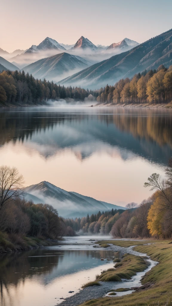 Serene landscape at dawn: Mountains in the distance, a calm river, soft fog over the water and a pastel sky. An empty wooden bench on the river bank. Soft colors and wide frame with a calm atmosphere.