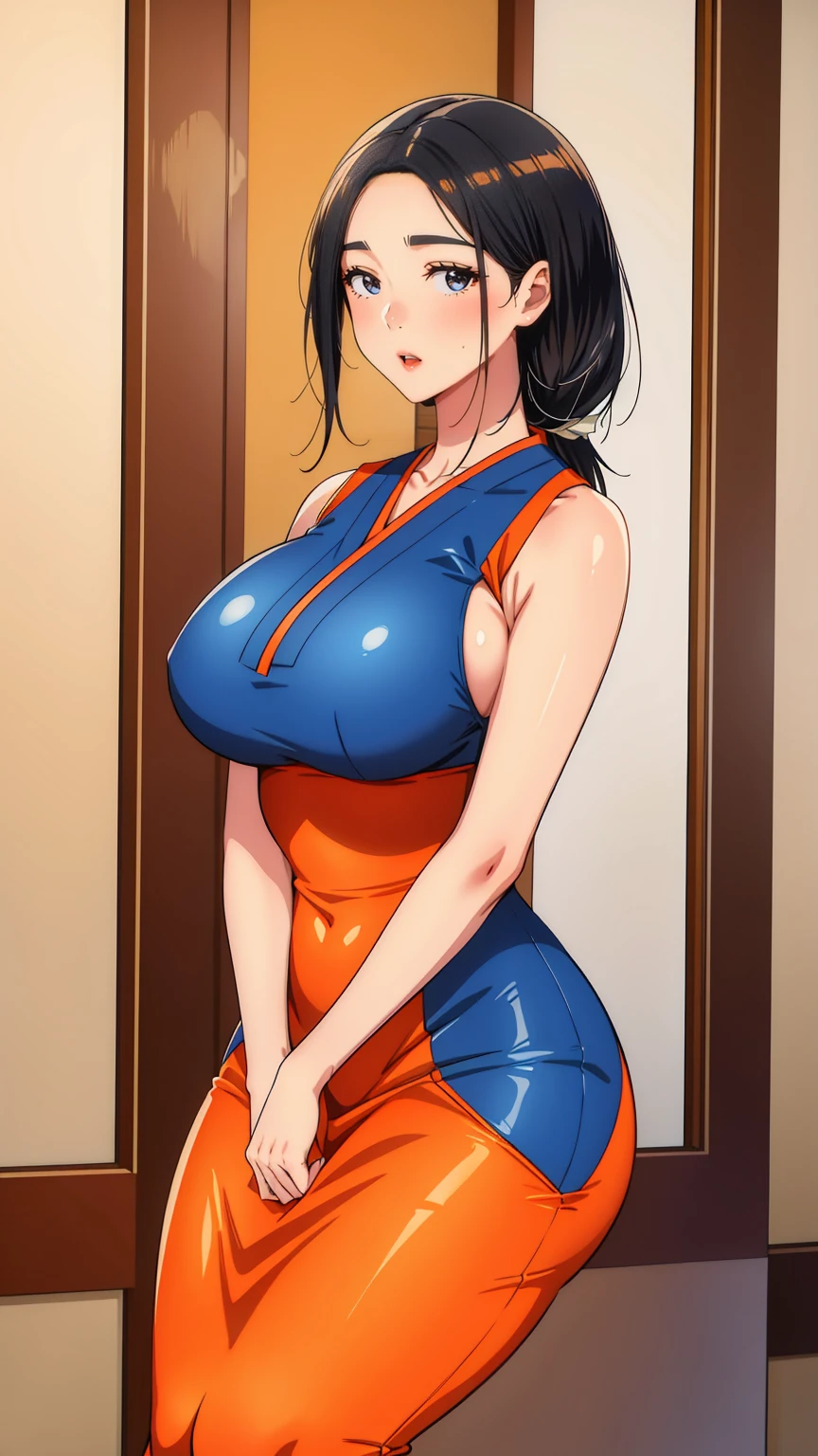 masterpiece, best quality, looking at viewer, fwjin-hee, mature female, large breasts, low ponytail, orange impossible dress, sleeveless,