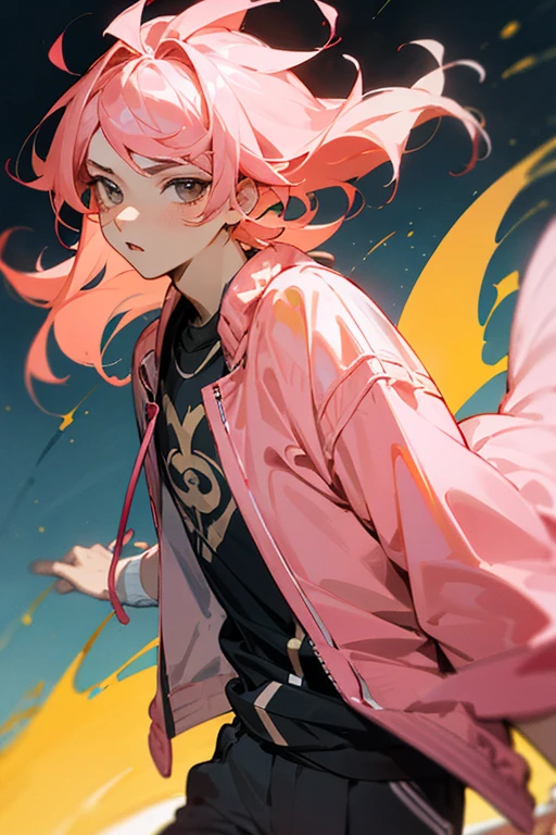 ((best qualityer)) young effeminate ager, voluminous salmon pink hair, amber triangular eyes, wear loose urban clothes