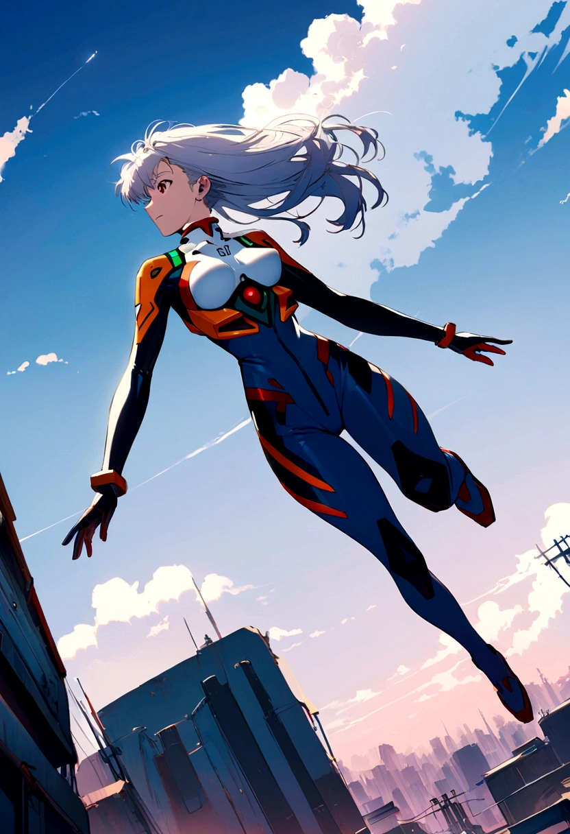 cyberpunk girl. wearing a mecha-style suit. floating in the air, the background should show a sky with clouds. evangelion. rei ayanami