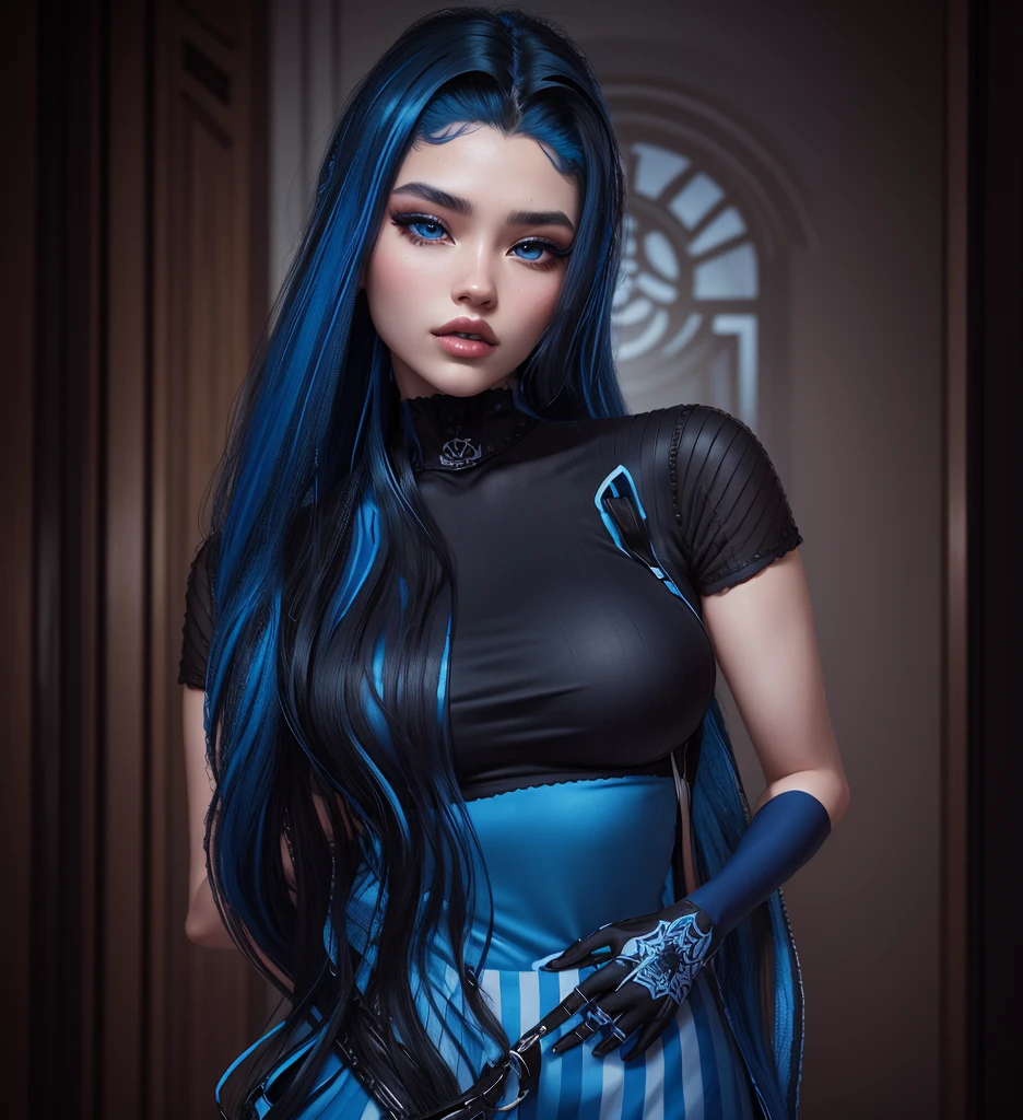 AVATAR SECOND LIFE Korean girl black black jumpsuit, asiática hair blue, hair blue, hair blue, Perfect and detailed face, imvu, maximalist details, AVATAR SECOND LIFE Korean blouse and pants , neon, hair blue,, hair full blue, hair blue, all blue hair