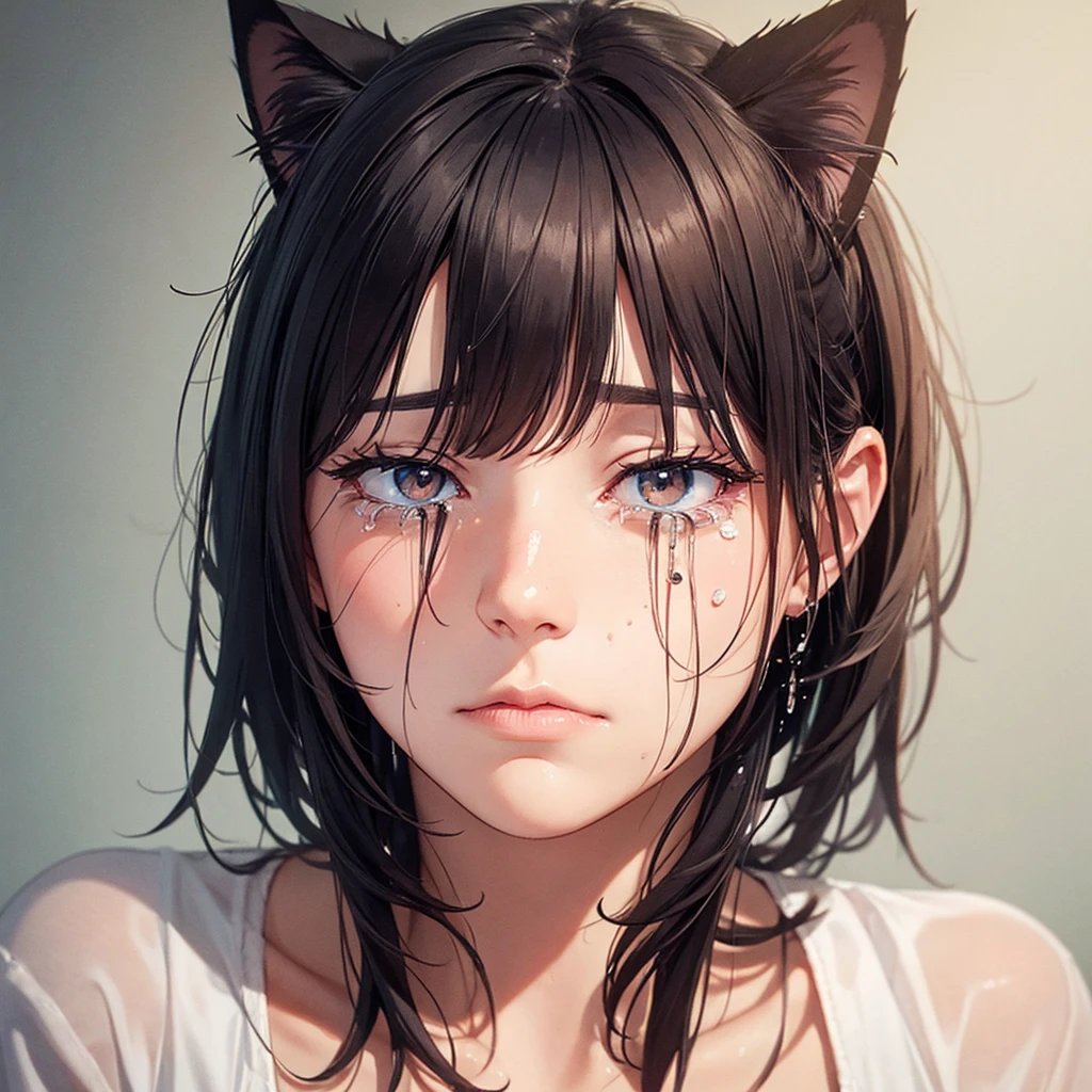A sad crying cat, tears, semi-realistic