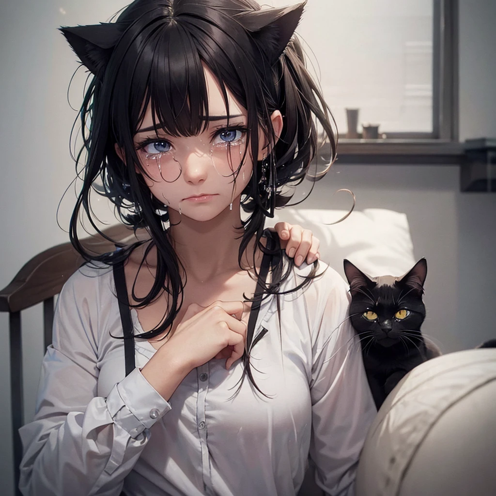 A sad crying cat, tears, semi-realistic