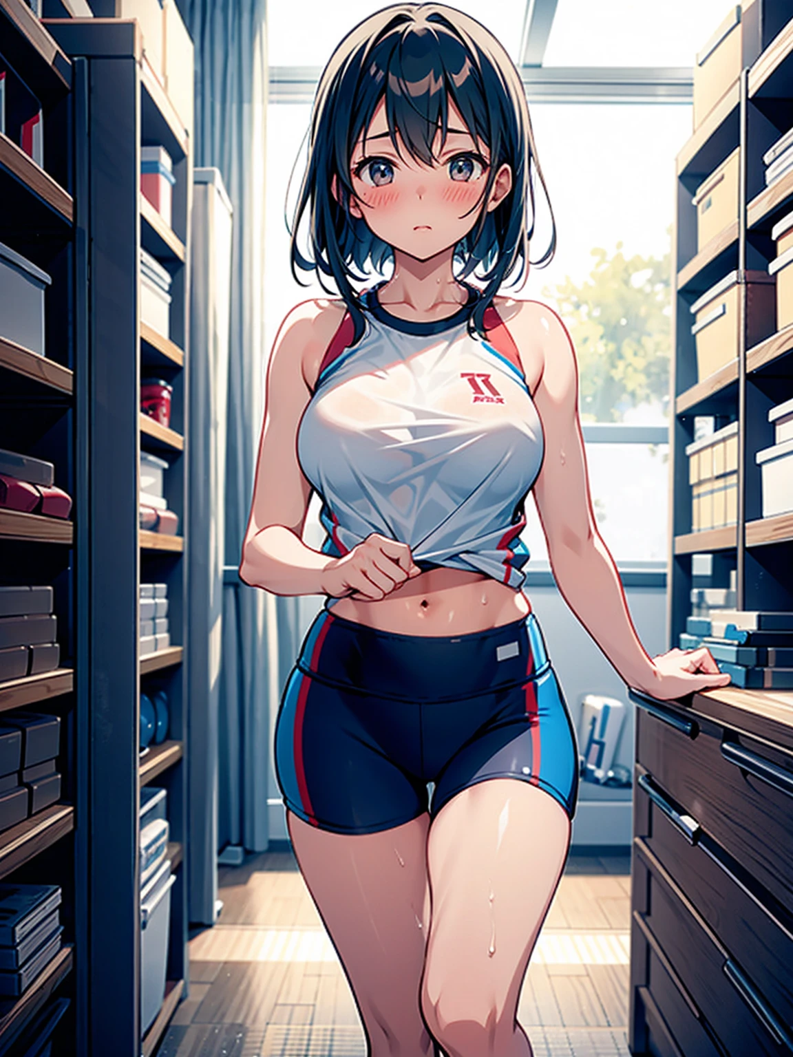 An exhibitionist woman takes off her blue long-sleeved jersey in the gym storage room, blush
