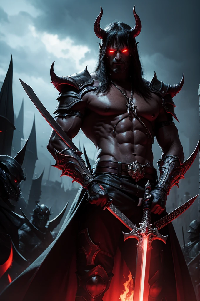 Demon boss with a sword in his hand and an army behind