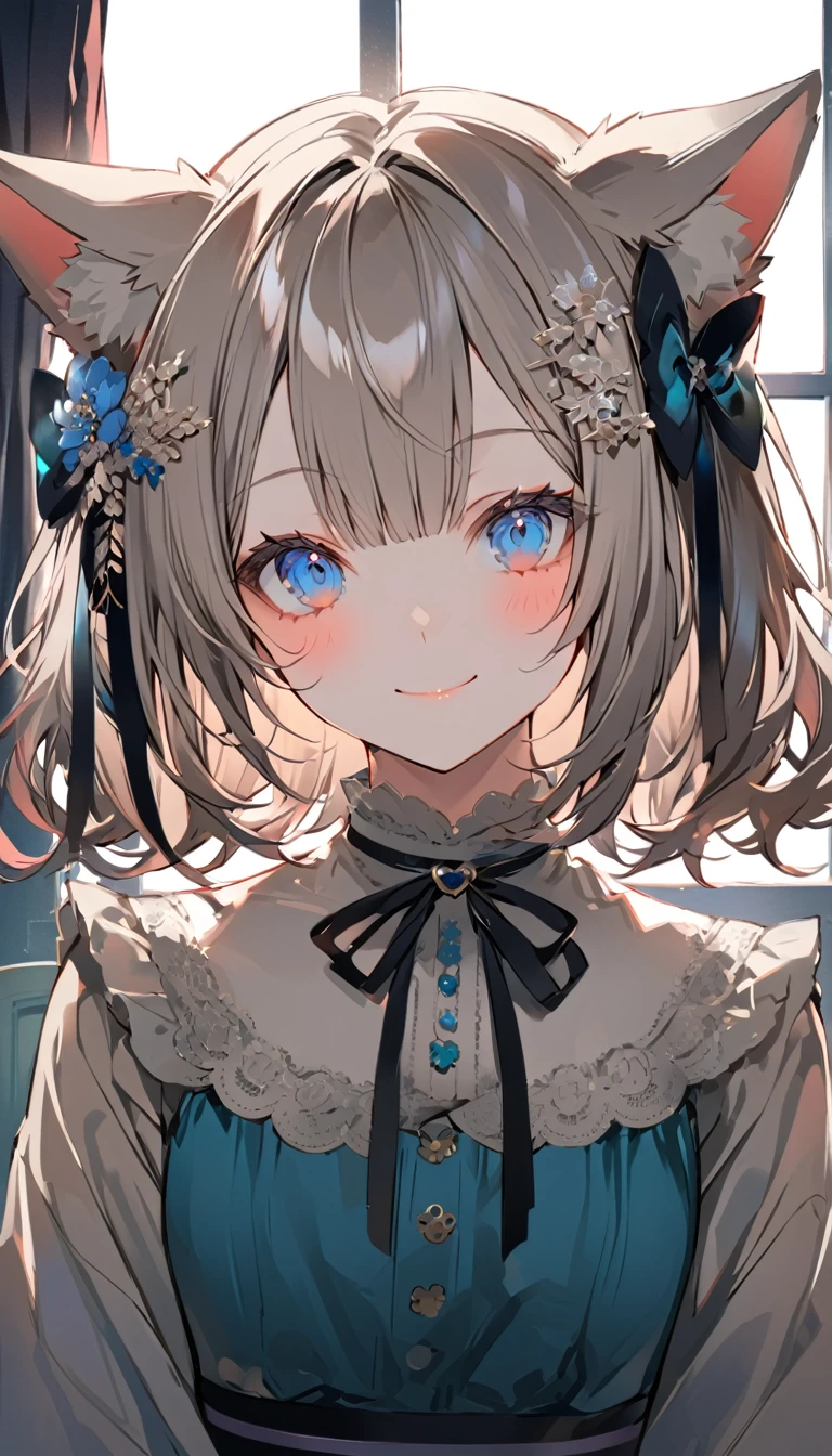 a female with long red and white hair standing on a chair by a window, 1girl, solo, blue eyes, hair ornament, animal ears, smile, virtual youtuber, hair flower, flower, looking at viewer, blush, closed mouth
