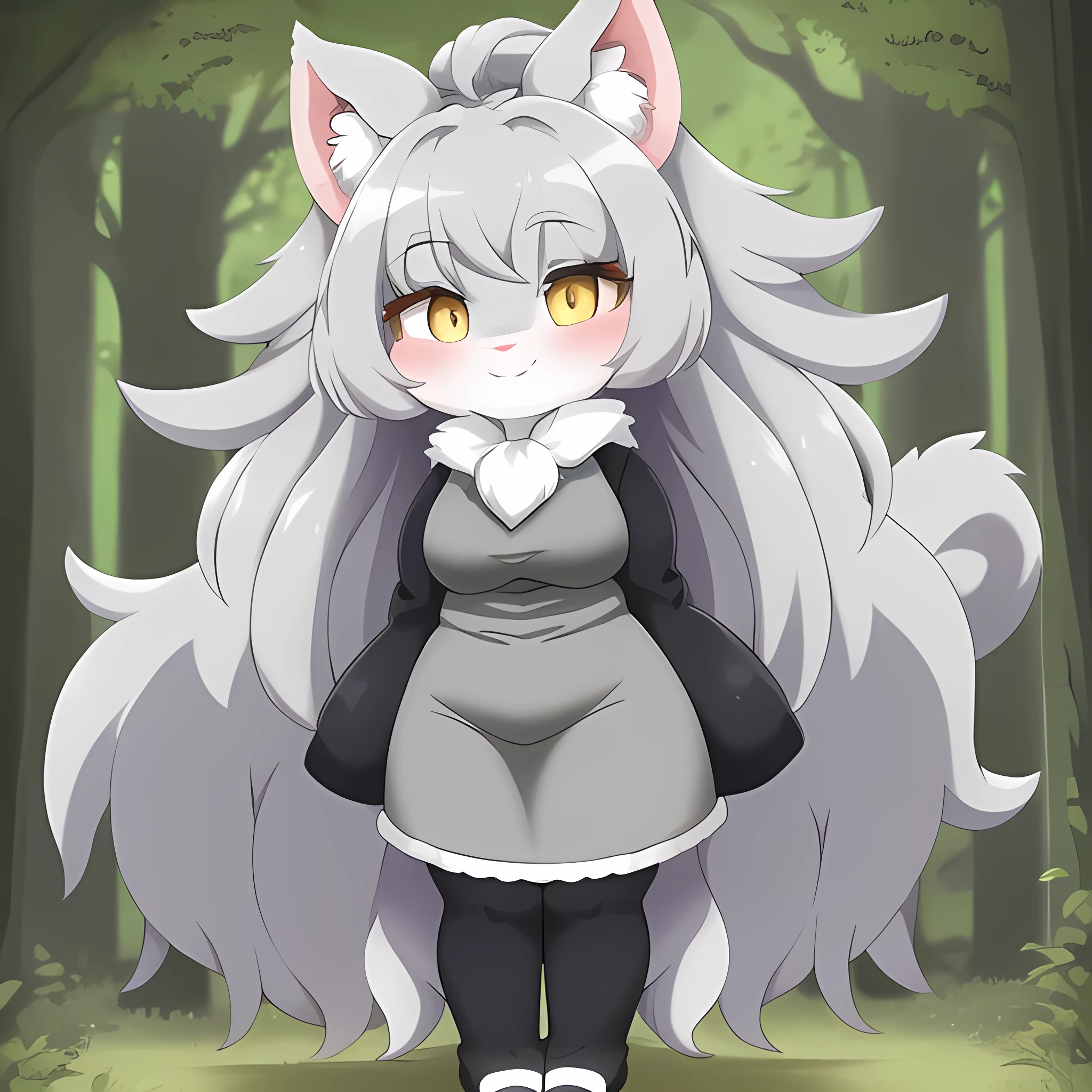 1 Cinccino young lady standing in a forest, thick body fur, smiling, yellow eyes, ((oversized grey dress)), sexy, kawaii, ((long tail)), 20 years old, shortstack, facing viewer, fullbody