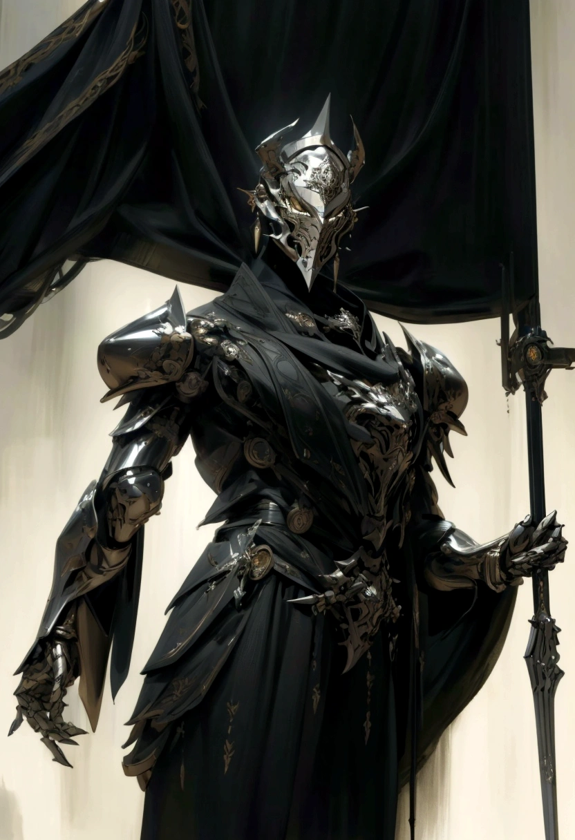 a detailed white mask, shiny black metal armor, intricate mechanical details, highly reflective metal surfaces, cinematic dramatic lighting, dark brooding atmosphere, fantasy science fiction style, digital painting, 8k, photorealistic, cinematic composition, masterpiece