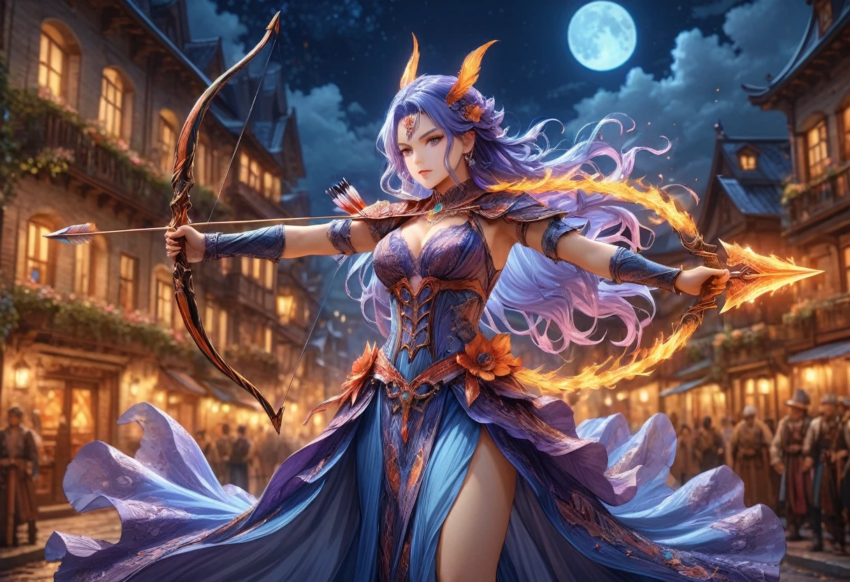 a picture of fire sorceress firing a flaming arrow from a magnificent epic bow, an (elite glamour beautiful: 1.2), fire sorceress, ultra detailed face,  perfect face, blue hair, long hair, wavy hair, wearing wild glamour dress, intricate dress, purple dress , with fire patterns on it, aiming an epic bow with a (diamond tip arrowhead: 1.3),  dynamic bow, sting drawn to the cheek , arrow ready to be shot, dynamic bow, sting drawn to the cheek , arrow ready to be shot, it is night, moon light, starry night, cloudy night,  high details, best quality, 16k, [ultra detailed], masterpiece, best quality, (extremely detailed), dynamic angle, full body shot, fantasy urban street at night bacground,  ,faize, firing and arrow, bow (weapon)