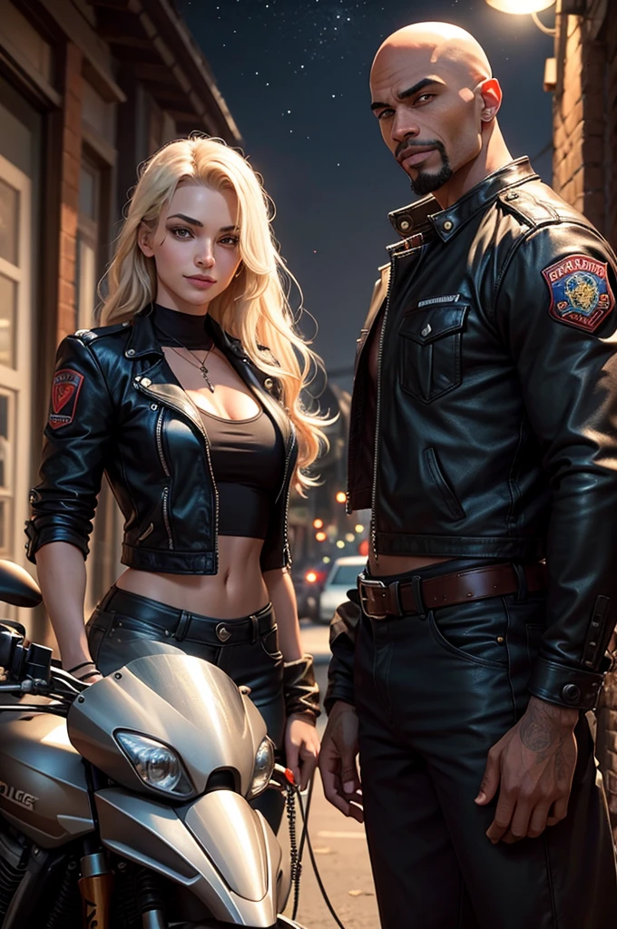 A muscular and sensual young wild afro black werewolf, red-eyed, all bald and with a goatee wearing a leather jacket, standing with a big old giant classic super motorcycle through a small town in the interior of the country at night with an evil entity watching among the stars and with a young beautiful blonde woman in a sexy uniformed police officer standing next to him very well armed with a mischievous smile right next to him.