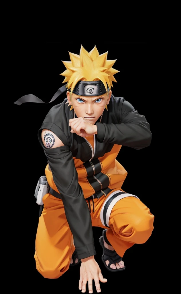 Create an illustration of Naruto Uzumaki in a dynamic pose, ready for action. He should be wearing his signature orange and black ninja outfit, complete with a headband featuring the Konoha symbol. The background should be colourful to make Naruto stand out prominently. Ensure his blond spiky hair, determined expression, and iconic accessories are accurately depicted to capture his character essence.