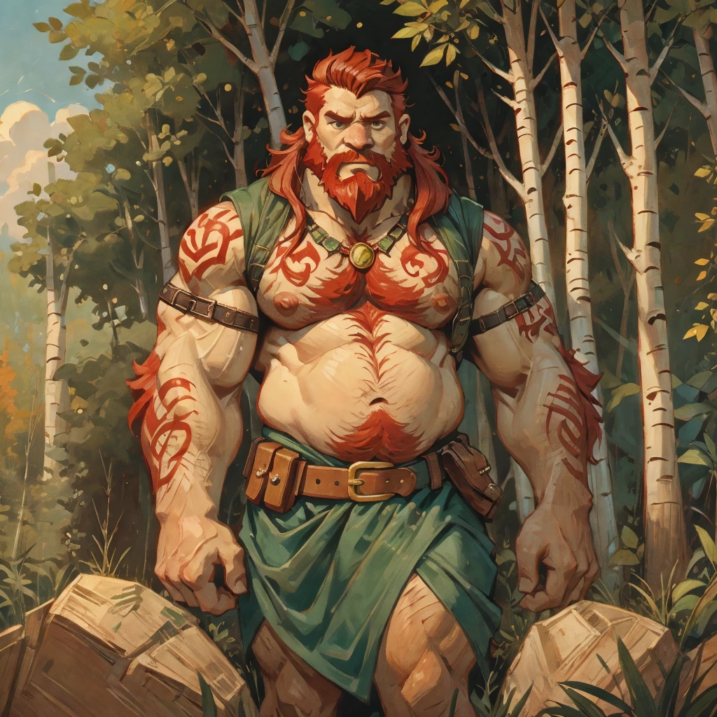 man, Viking, short stature, Age 60 years, strong, thick, big breasts, big belly, Red hair, big red beard, thick body hair, густые Red hair на груди, густые Red hair на животе, густые Red hair на лобке, густые Red hair на яйцах, thick hair on arms, thick hair on legs, tattoos on body, Tattoos on the torso, very shy, In the woods, birch trees, nature, without outerwear, in a short skirt made of skin made of green fabric, the skirt is held up by a leather belt with a gold buckle, pees