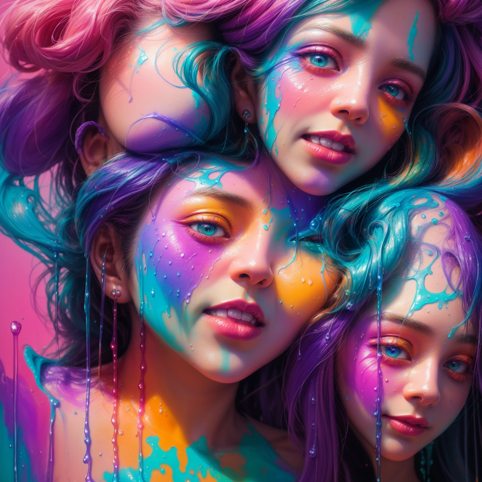 a close up of a sculpture of a woman with purple and orange paint, dripping with color, face submerged in colored oils, 3d digital 4k, colorful melted human head, vibrant colors hyper realism, cute digital art, color Art, Beeple e Jeremias Ketner, vibrant digital painting, detailed painting 4k, beautiful art uhd 4k