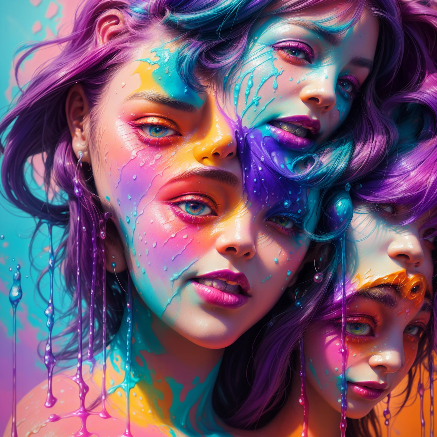 a close up of a sculpture of a woman with purple and orange paint, dripping with color, face submerged in colored oils, 3d digital 4k, colorful melted human head, vibrant colors hyper realism, cute digital art, color Art, Beeple e Jeremias Ketner, vibrant digital painting, detailed painting 4k, beautiful art uhd 4k