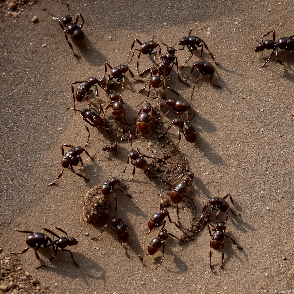 Photo of an ant colony in motion, highlighting its organization and constant activity.