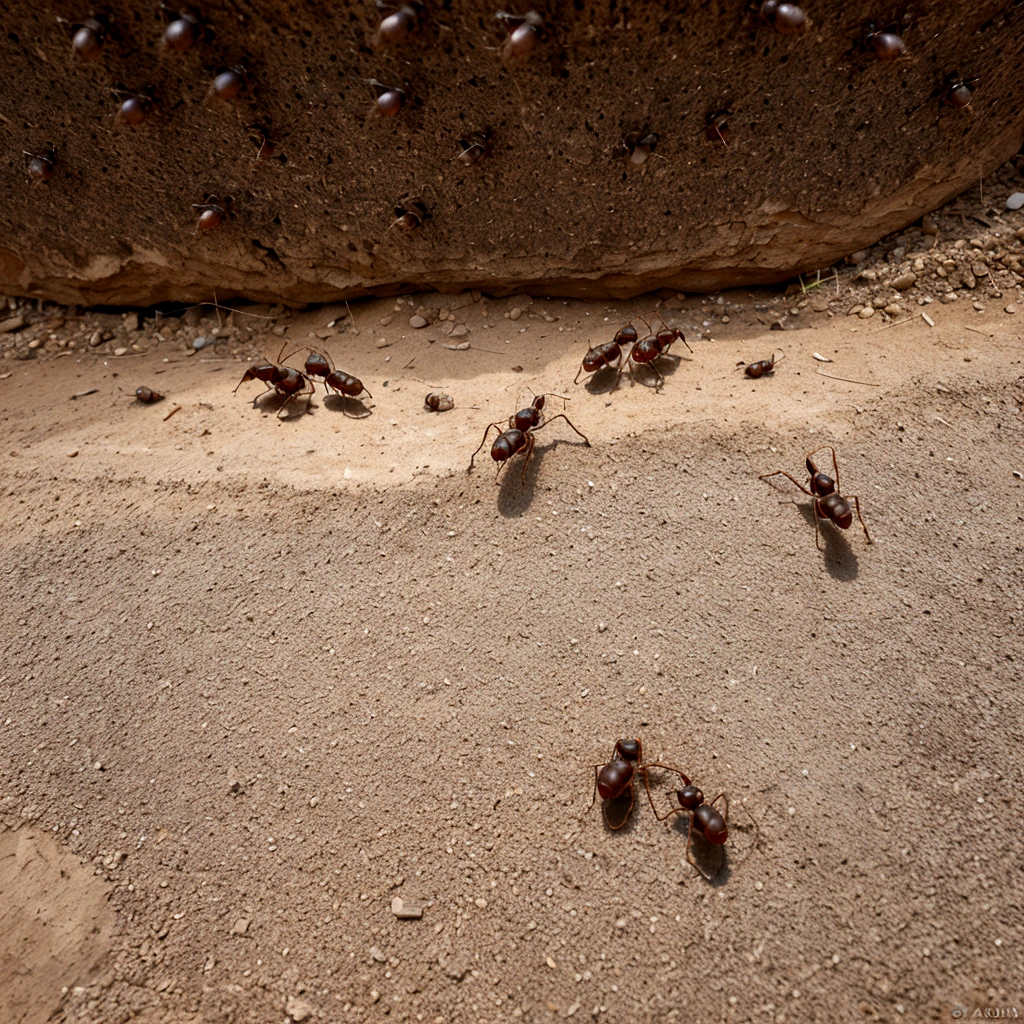  Photo of an ant colony in motion, highlighting its organization and constant activity.