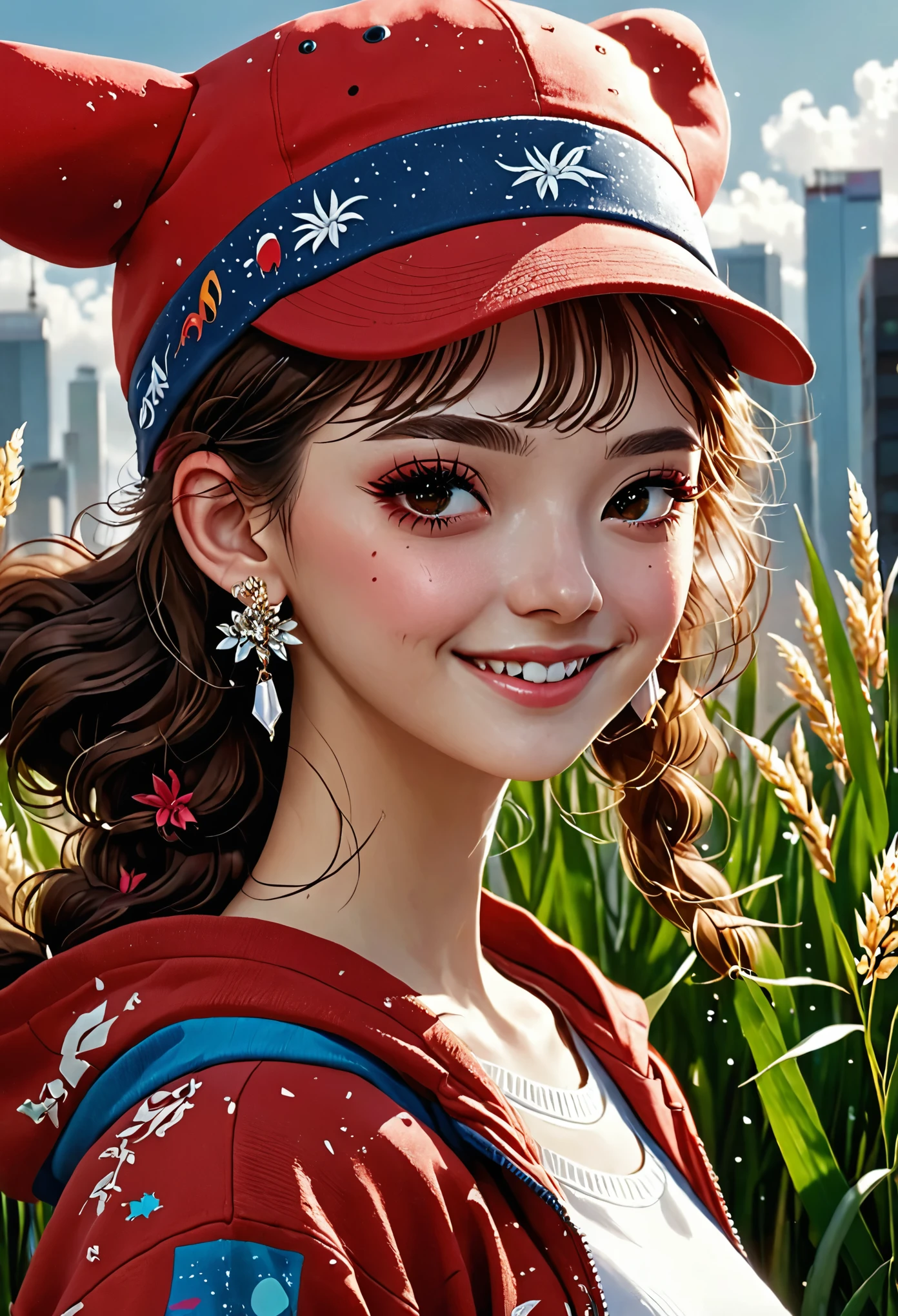 plano general, whole body, (high resolution:1.2),ultra detailed, realist, sharp focus,showy,4k,8k, HD. Masterpiece, hiper realist, hyper detailed,1 beautiful girl, happy, beautiful smile ,with rice, With red hat, earrings, red camouflage, red sweatshirt, red leggings, wide, Brown hair, mask, nasolabial , standing, half, Armada, earrings, (reality: 1.5), cyberpunk, Neon city, Neon, 3D, cgi, volumetric ray, white sclera, Honey eyes, (raw photo, Best Quality, Masterpiece, Fotorrealist, of the highest quality, Maximum image quality, high resolution, 8k, HD:1.2), vibrant,ethereal lighting,sharp focus,ultra detailed,((Extremely detailed 8k unified CG wallpaper)), texturas surrealists y oníricas,magical and mysterious essence,