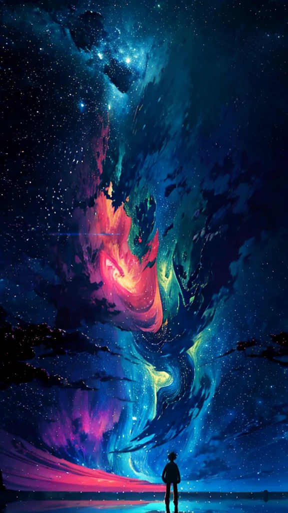 anime, a man standing in front of a lake looking at the planet, nebula ,anime art wallpaper 4k, anime art wallpaper 4 k, anime art wallpaper 8 k, 4k anime wallpaper, anime wallpaper 4 k, anime wallpaper 4k, sitting on the cosmic nebula, on cosmic cloudscape, makoto shinkai cyril rolando, space clouds, anime sky