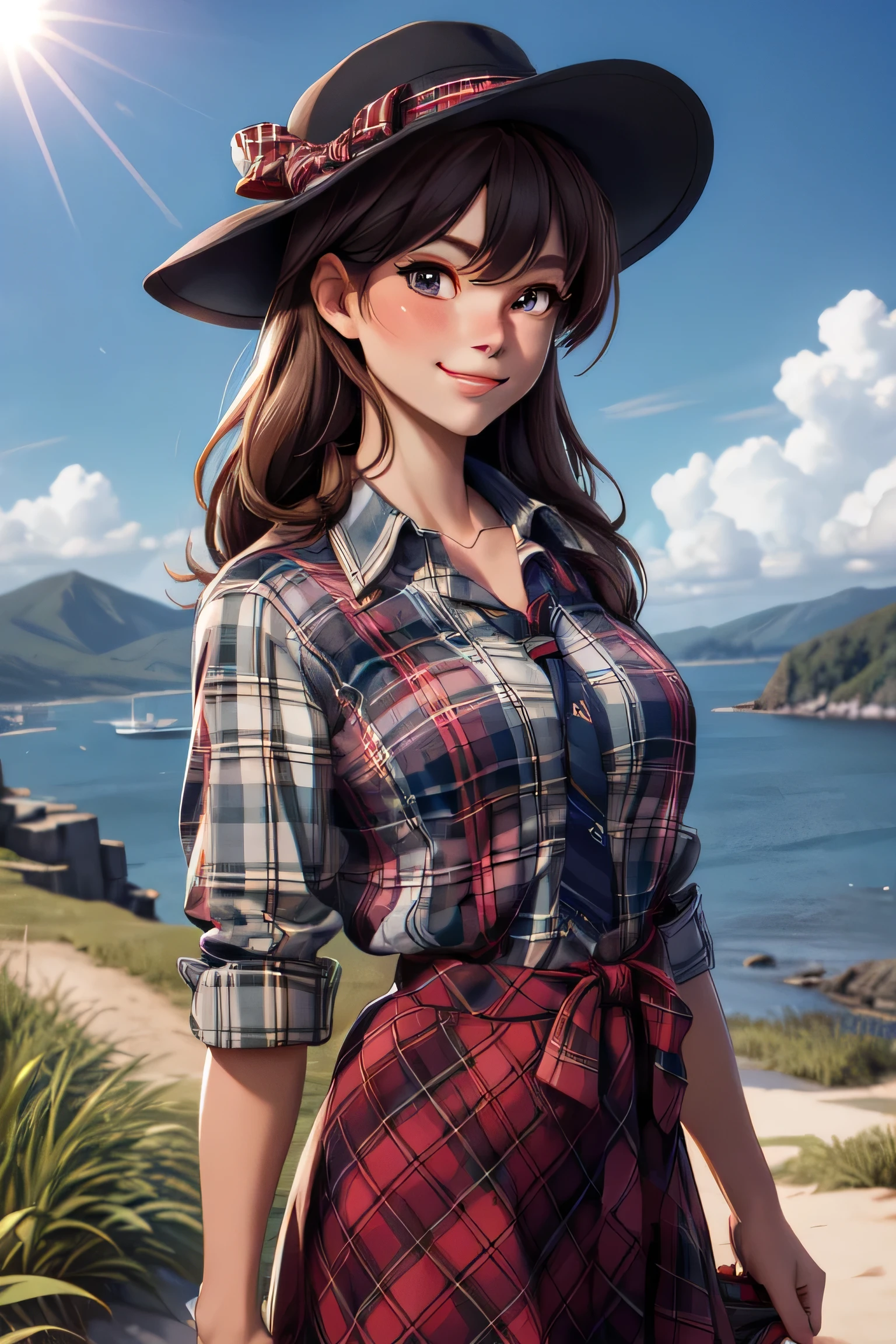 Anime girl in a red skirt and hat walking in a field masterpiece, high quality best quality,1girl, bangs, beach, blue_sky, blush, bow, breasts, checkered, checkered_shirt, checkered_skirt, cloud, cloudy_sky, collarbone, day, envelope, giving, grass, hair_bow, heart, holding, holding_letter, horizon, incoming_gift, kazami_yuuka, leaning_forward, lens_flare, letter, light_rays, long_hair, looking_at_viewer, love_letter, mountain, mountainous_horizon, ocean, outdoors, plaid, plaid_background, plaid_bikini, plaid_bow, plaid_bowtie, plaid_bra, plaid_dress, plaid_headwear, plaid_jacket, plaid_legwear, plaid_necktie, plaid_neckwear, plaid_panties, plaid_pants, plaid_ribbon, plaid_scarf, plaid_shirt, plaid_skirt, plaid_vest, pov, shirt, skirt, sky, smile, solo, sun, sunbeam, sunlight, tree, unmoving_pattern, juicy colors, perfect lighting, 8k, perfect hands,((obra-prima)), (melhor qualidade) textura, ivy, 8K image quality, Masterpiece