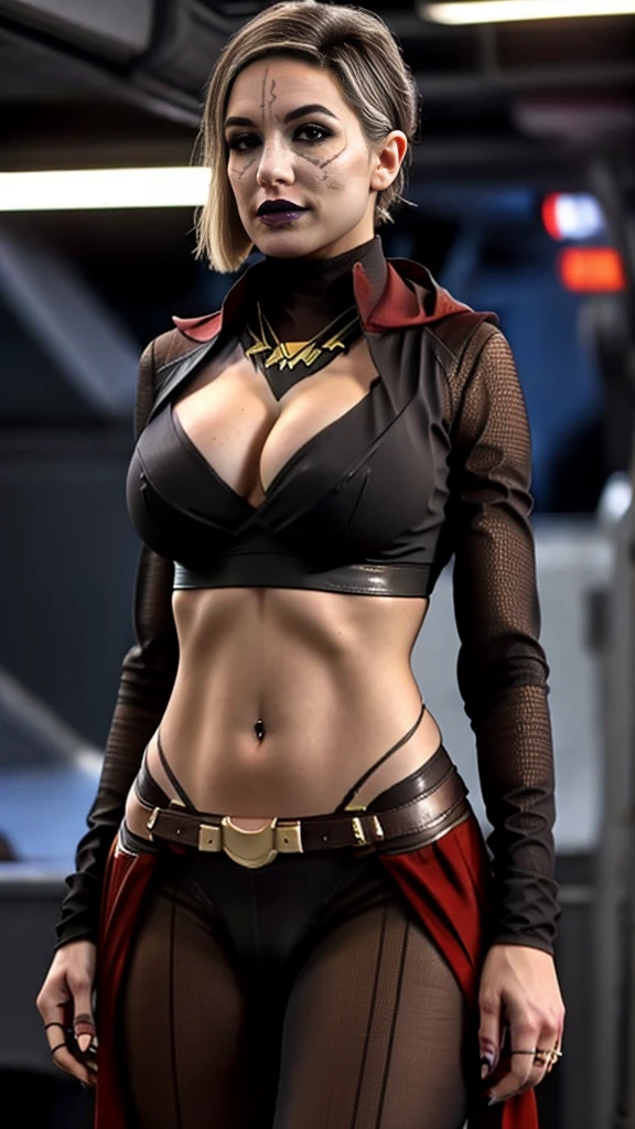 Full length shot, fit, slender  MerrinJS, MerrinJFO,  mesh outfit with lots of skin showing, intricate clothing, detailed skin, sexy, ,  for a , wanton whore, volumetric lighting, 8k, high resolution photo, Star Wars setting,  midriff,  thighs,  shoulders, deep cleavage, ((split clothes)), ((()))
