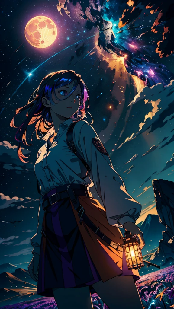 expansive landscape photograph , (a view from below that shows sky above and open field below), a girl standing on flower field looking up, (full moon:1.2), ( shooting stars:0.9), (nebula:1.3), distant mountain, tree BREAK
production art, (warm light source:1.2), (Firefly:1.2), lamp, lot of purple and orange, intricate details, volumetric lighting BREAK
(masterpiece:1.2), (best quality), 4k, ultra-detailed, (dynamic composition:1.4), highly detailed, colorful details,( iridescent colors:1.2), (glowing lighting, atmospheric lighting), dreamy, magical, (solo:1.2)
