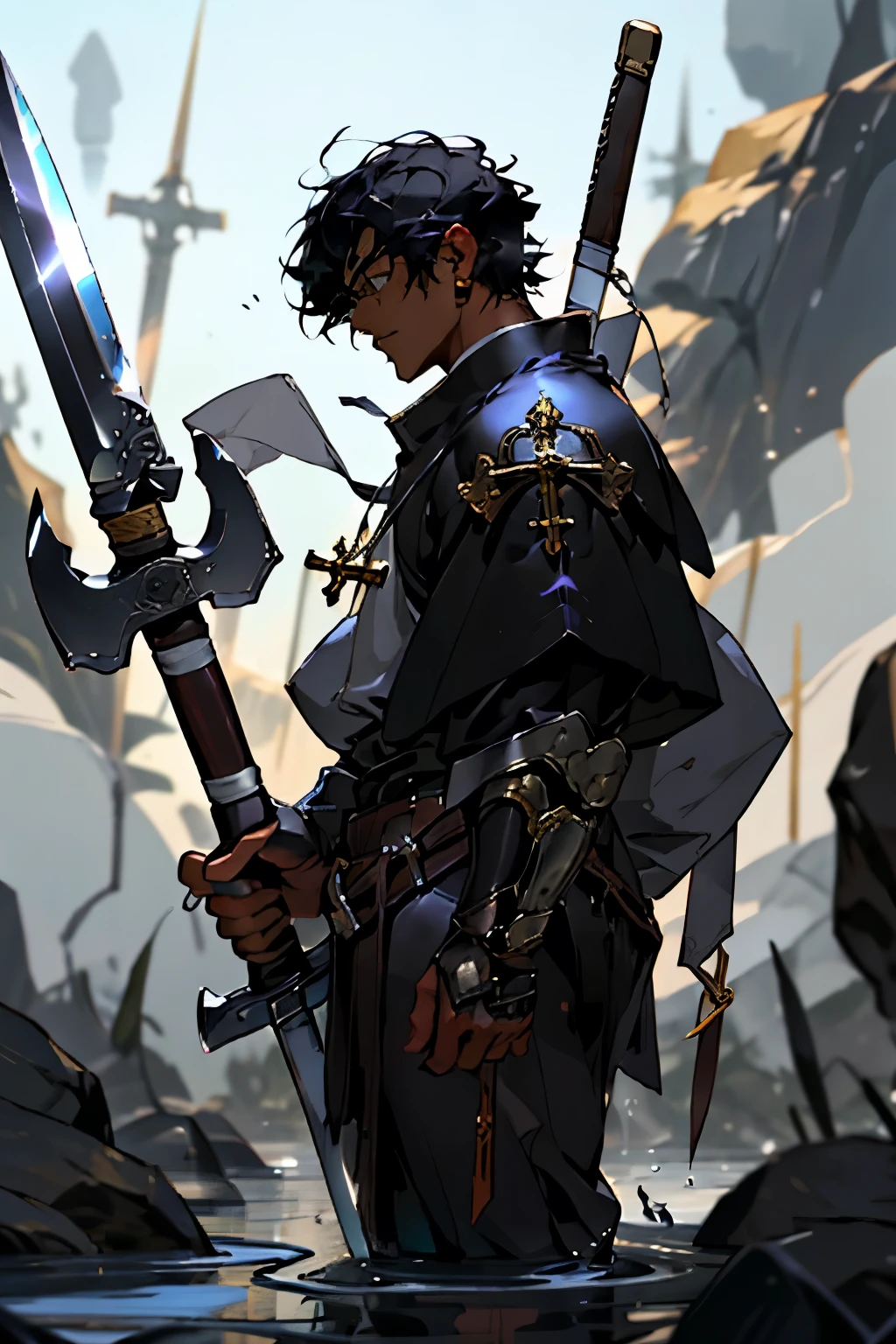 a black guy with brown short hair, light domain cleric, priest, with an gold axe floating by his side