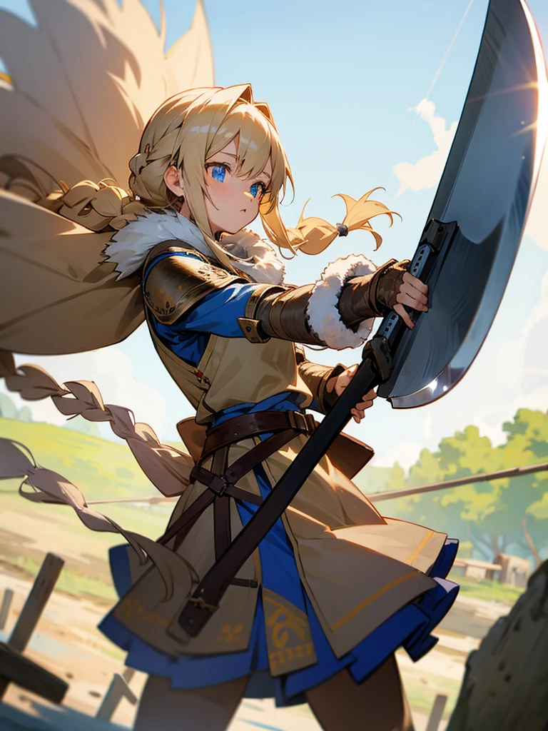 Anime Girl, Swinging Big Axe, Blue eye [Blond hair, braid] [Nordic, Brown armor decorated with fur] Blue muffler
