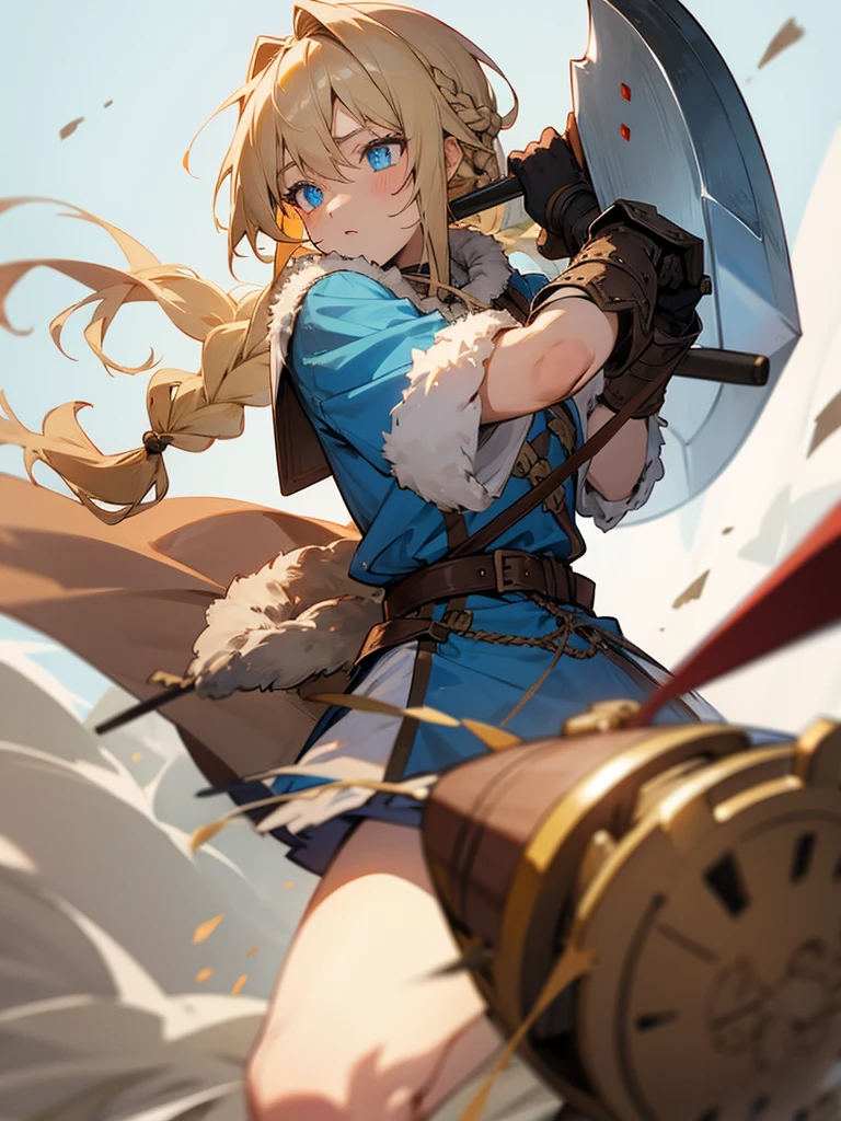 Anime Girl, Swinging Big Axe, Blue eye [Blond hair, braid] [Nordic, Brown armor decorated with fur] Blue muffler