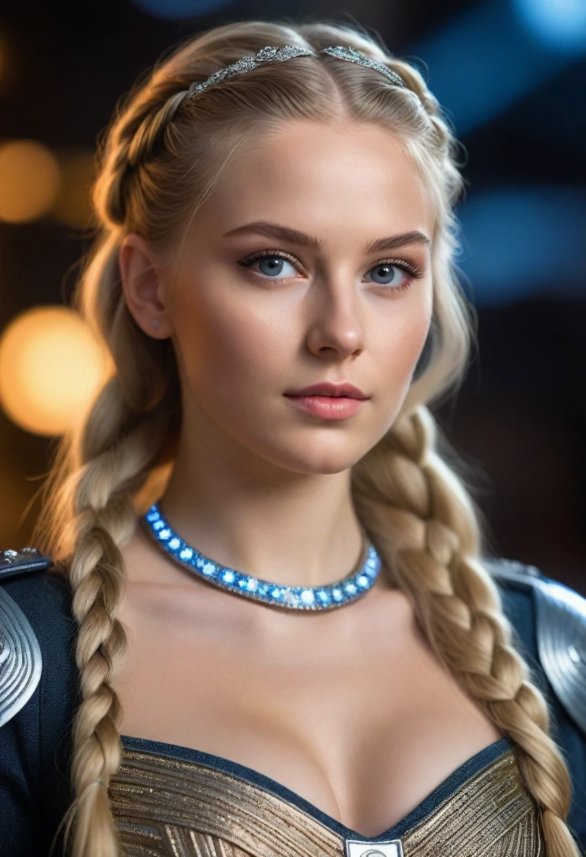 a beautiful 21 yo Oslo Norway woman, Captain Tiassa with long blond braided hair wearing a Venusian chrome military dress, led lights long dress with diamonds next to Venusian Estate, intricate detailing, HDR, vibrant contrast, 32k resolution, luminism lighting techniques, ultra-realistic digital render, bokeh, mass effect, close up black, beauty, pure perfection, divine presence, unforgettable, impressive, breathtaking beauty, Volumetric light, auras, rays, 8k uhd, dslr, soft lighting, high quality, natural textures 8k masterpiece canon eos r4s 50